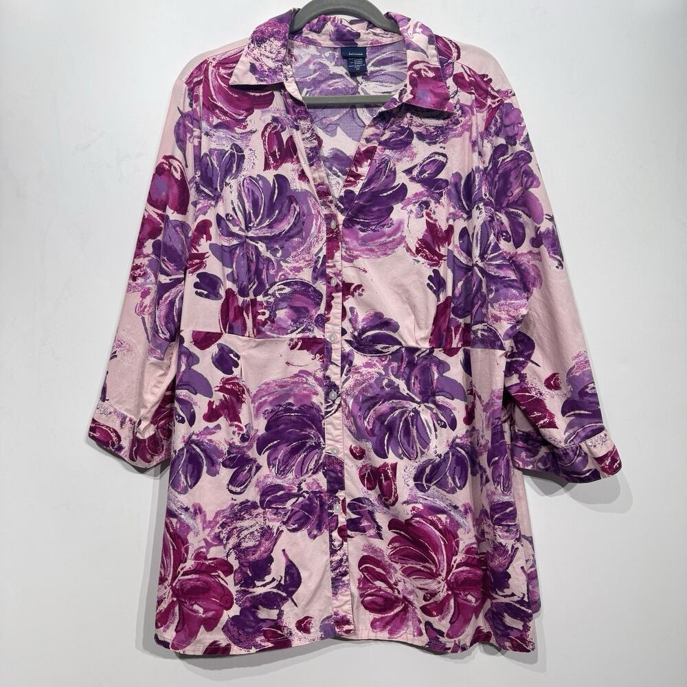 Basic Editions Watercolor Floral Button Up Shirt Women's 3X Pink Cotton Stretch